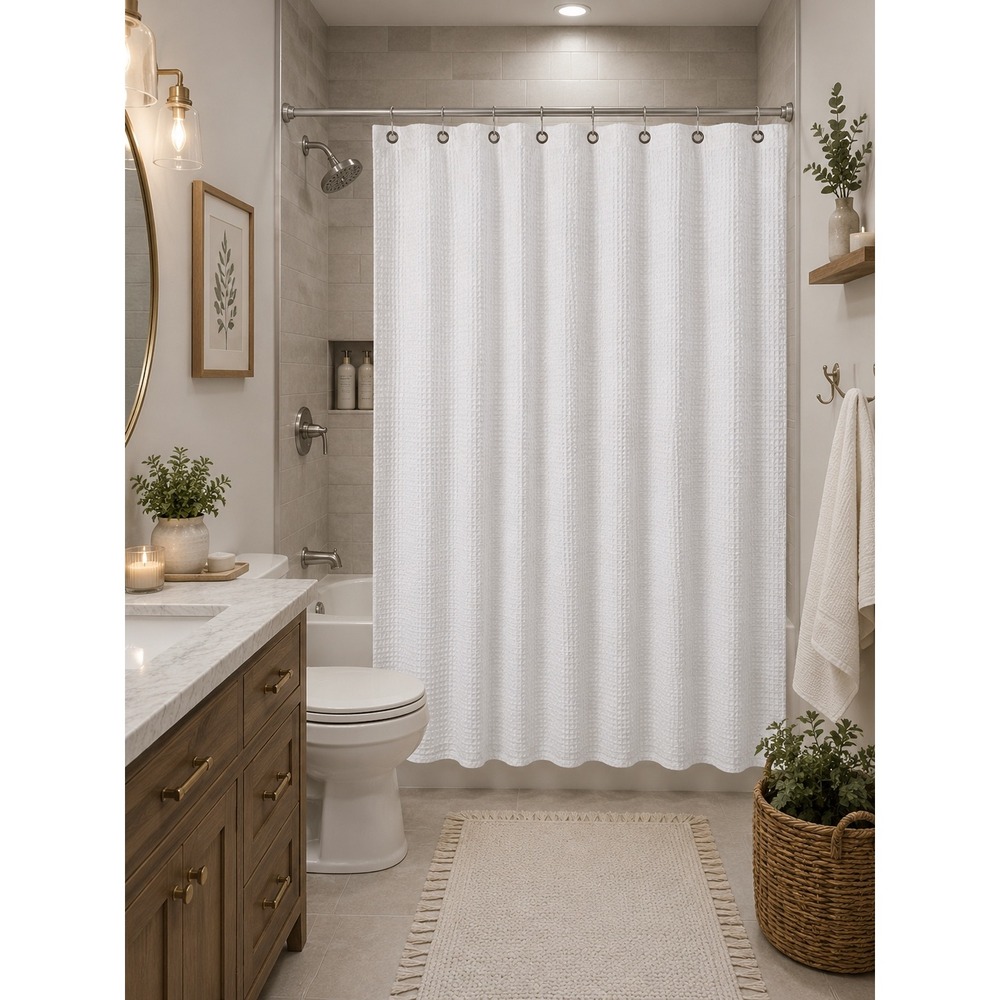 White Waffle Weave Shower Curtain 72x72 Hotel Spa Bathroom Decor 11 Grommets